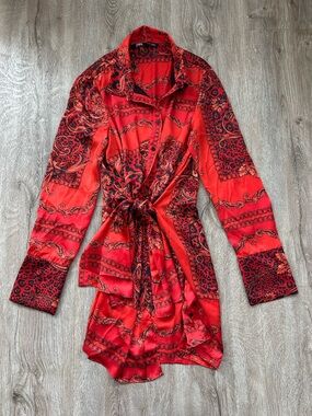 Zara Red and Black Oriental Silky Printed Wrap Robe Style Dress With Front Tie
